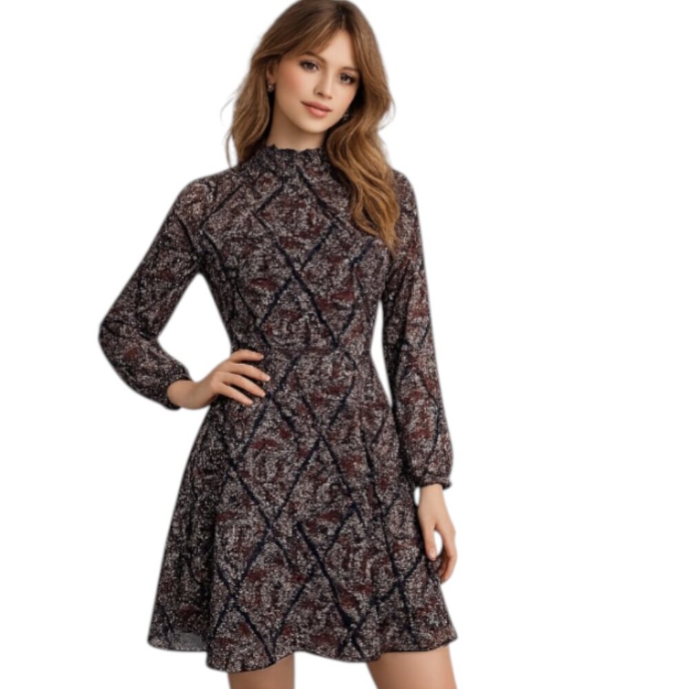 Vero Moda Harly Floral High Neck Mini Dress Keyhole Back Boho Sheer Long Sleeve